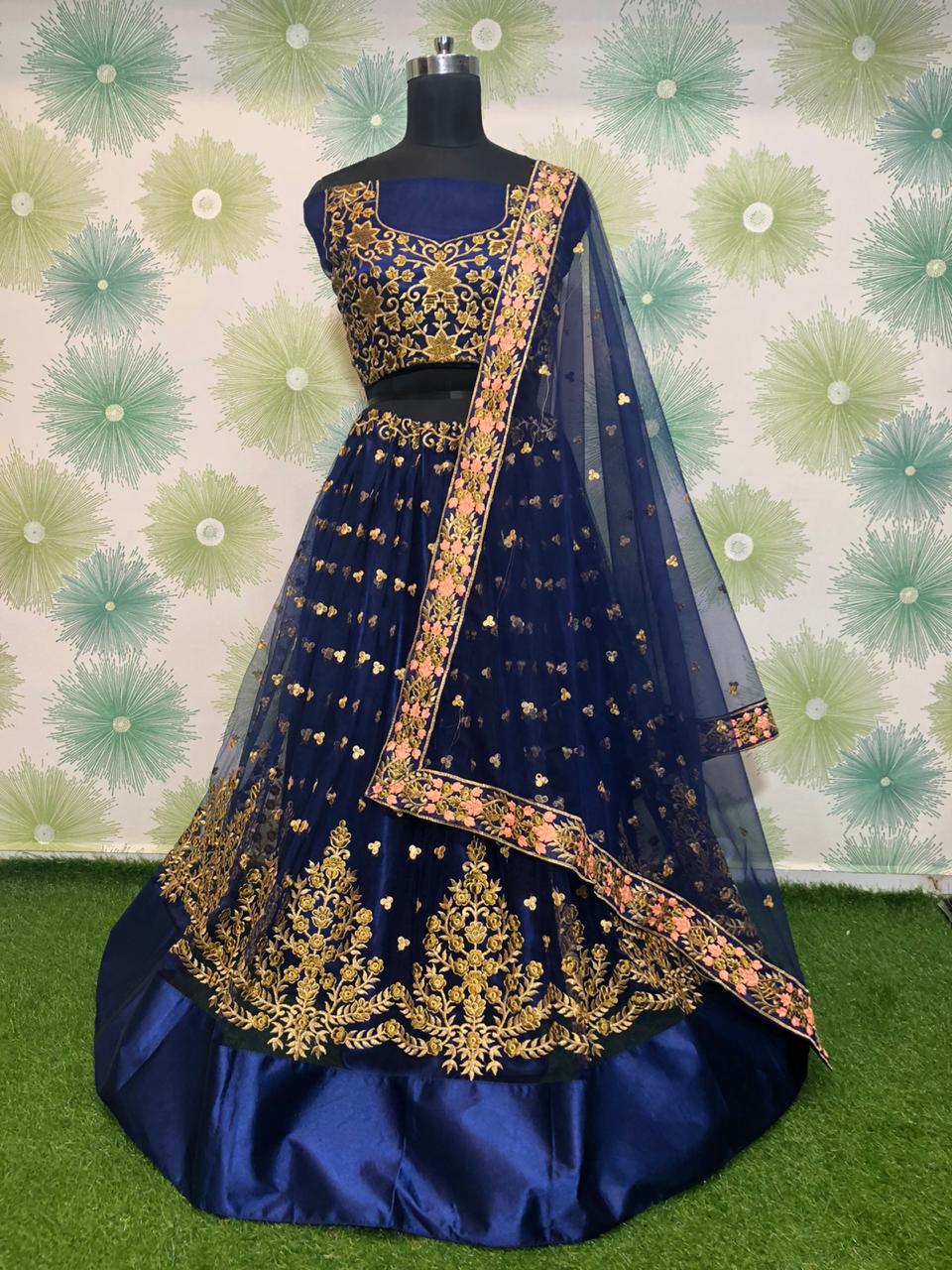 Wondrous Navy Blue Net With Embroidered Zari Work New Lehenga Choli Design Online