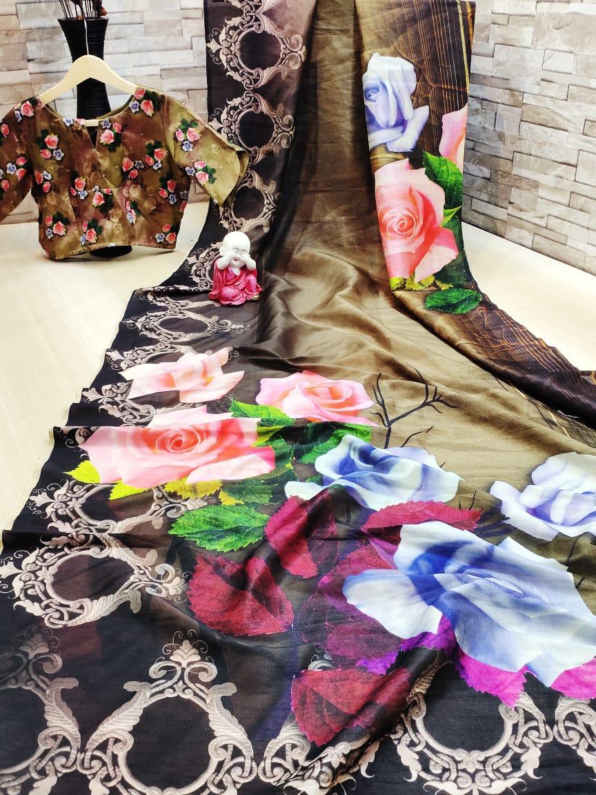 Bootylicious Multi Colored Linen Cotton Digital Zari Print Designer Fancy Saree Online