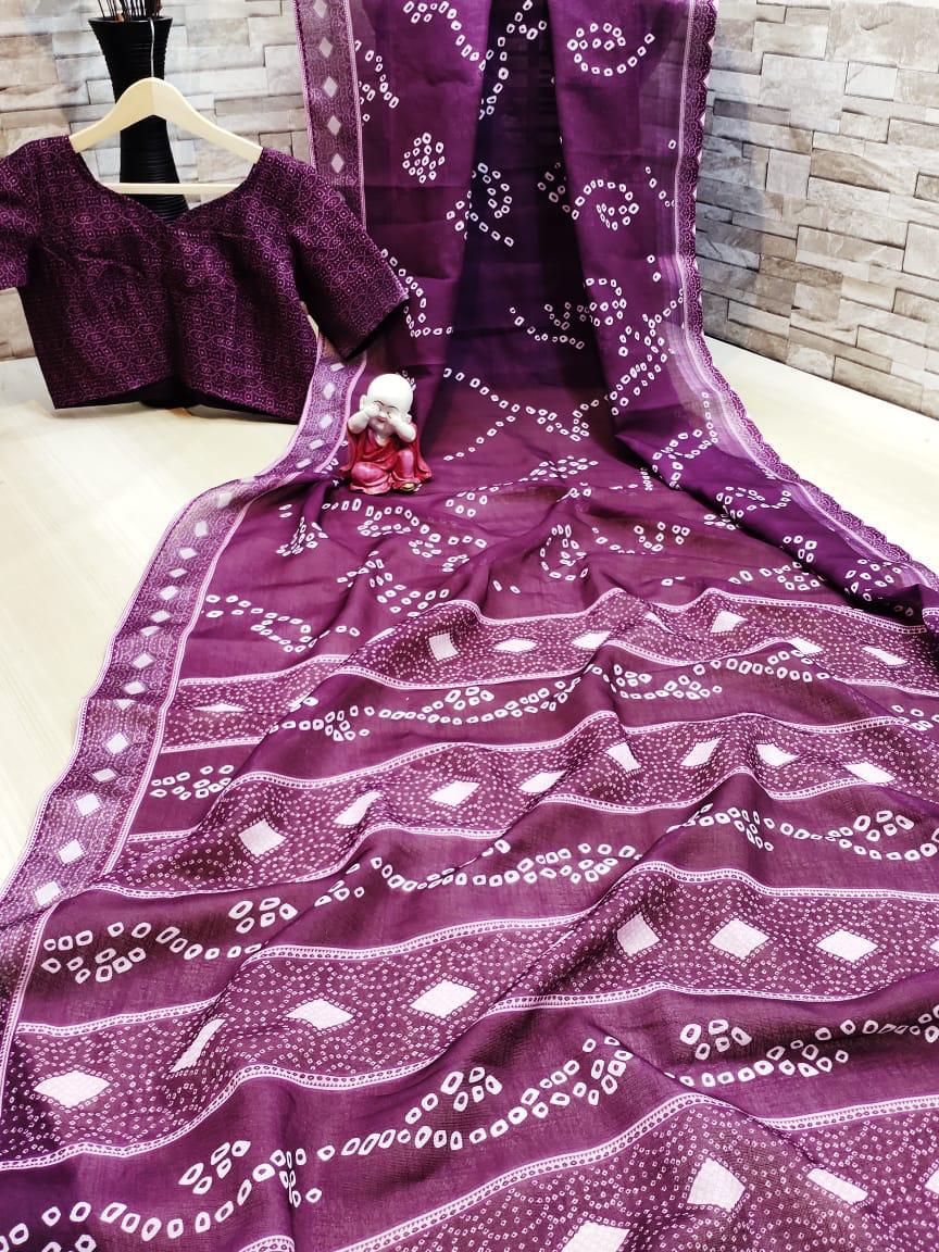 Fantastic Onion Colored Linen Cotton Printed Zari Border Designer Fancy Saree Online