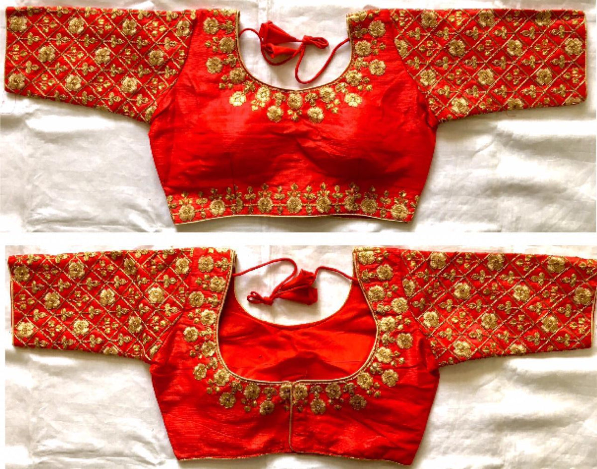 Amazeballs Red Fentam Silk Golden Work Ready Made Blouse