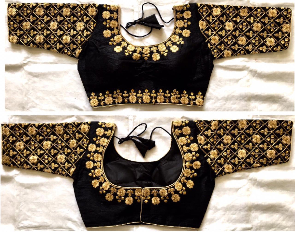 Knockout Black Fentam Silk Ready Made Golden Work Blouse