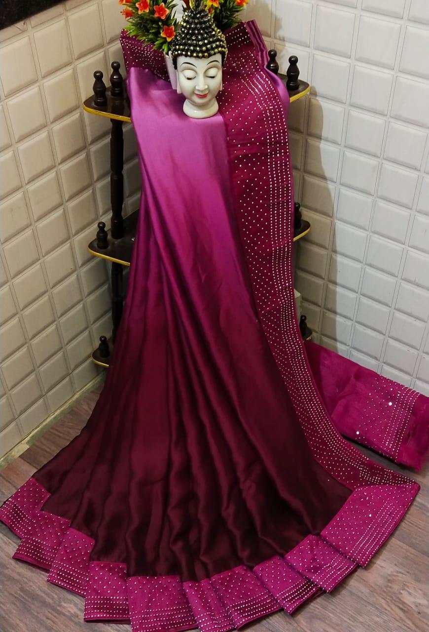 Fabulous Wine Rangoli Satin Silk Plain Designer Saree Online
