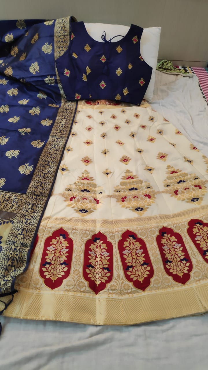 Alluring Navy Blue & Cream Silk Brocade Designer Lehenga Choli