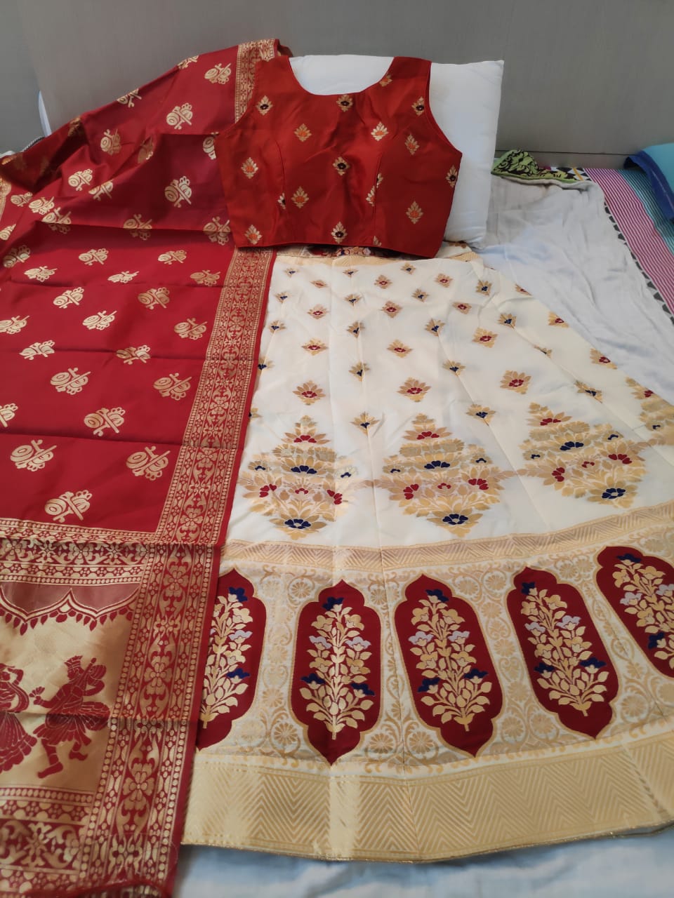 Amazeballs Cream & Red Silk Brocade Designer Lehenga Choli