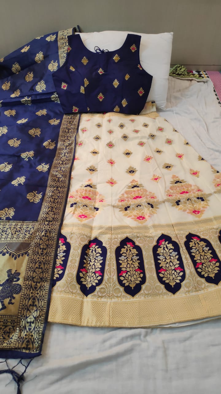 Knockout Cream & Navy Blue Brocade Silk Designer Lehenga Choli