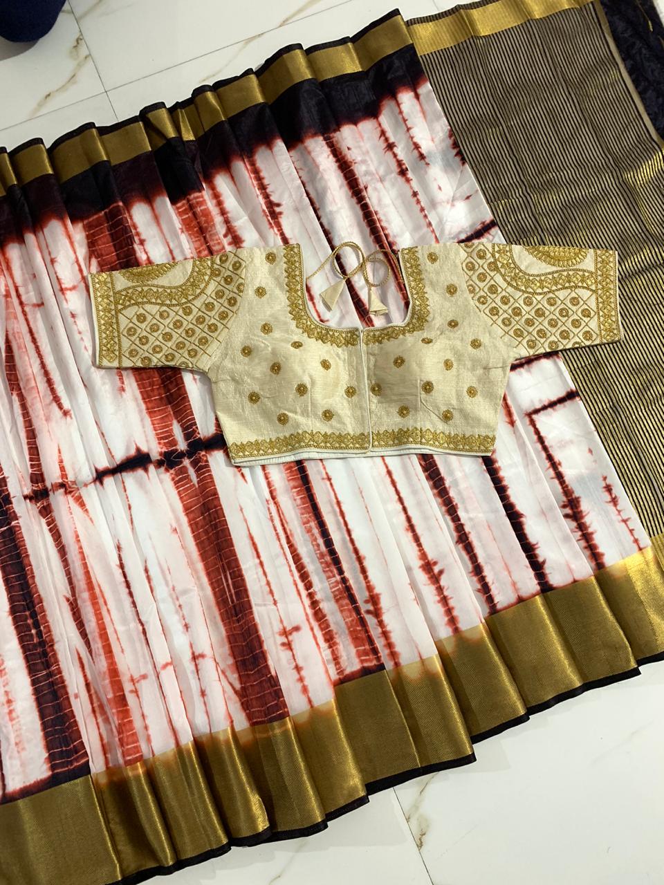 Outstanding Brown & Off White Silk With Golden Zari Designer Saree Online & Ready Made Blouse