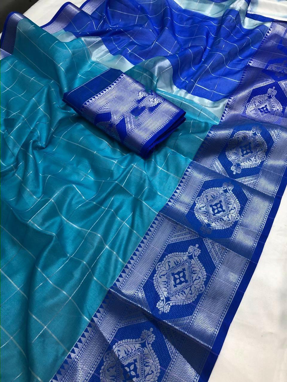 Comely Firozi Silk With Zari Weaving Jacquard Work Designer Saree Online