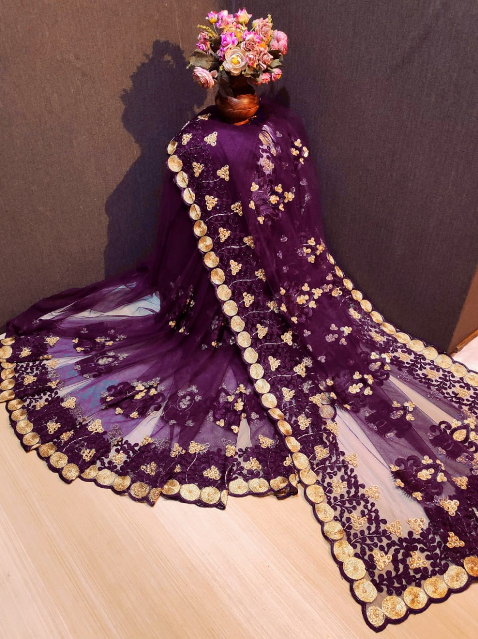 Striking Wine Net With Embroidered Diamond Work fancy designer saree