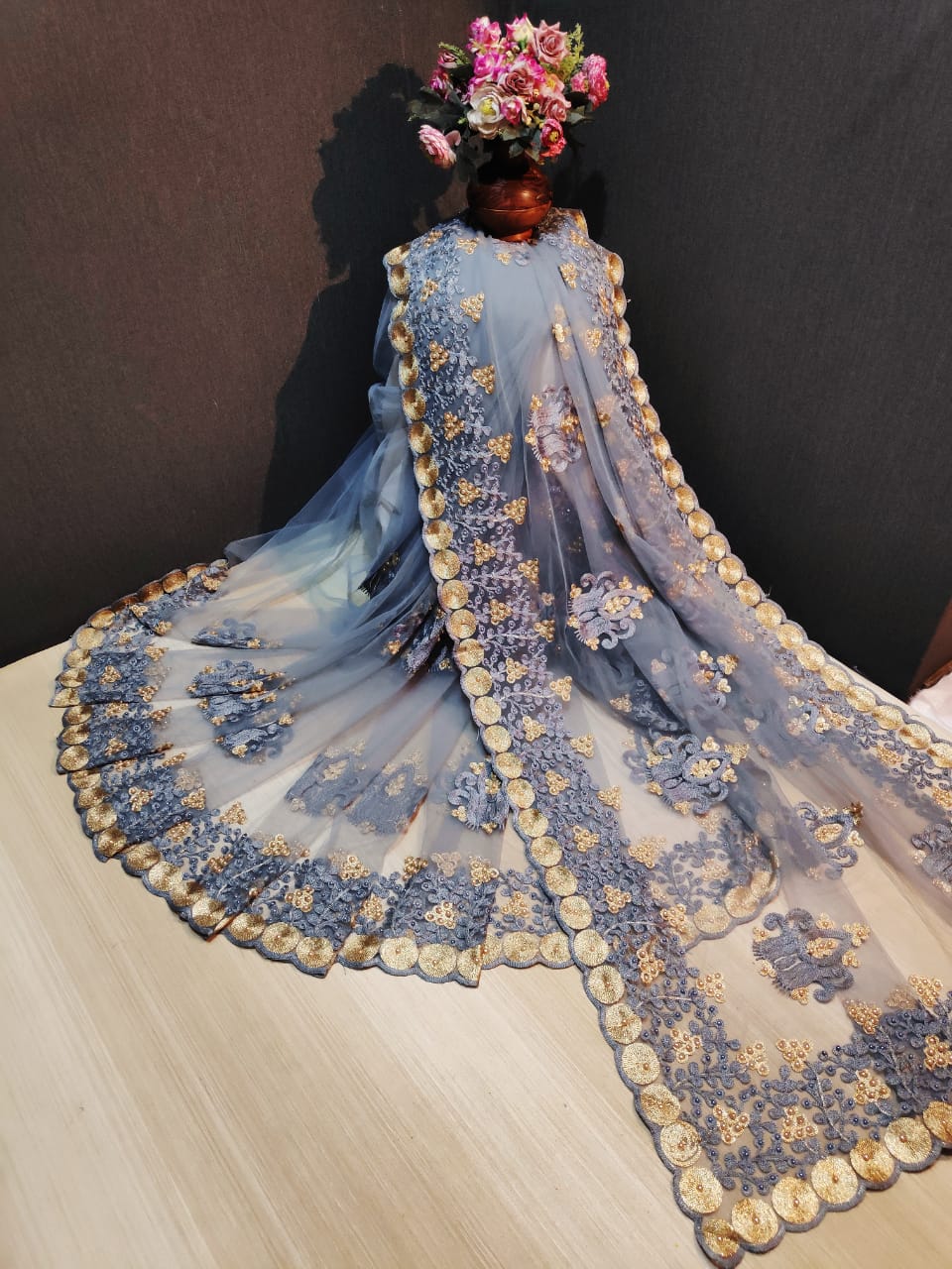 Wonderful Light Grey Net With Embroidered Diamond Work fancy designer saree