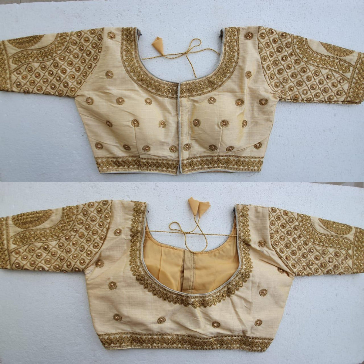 Comely Cream Malbari Silk Stone Zari Hand Work fancy Neck Readymade Blouse