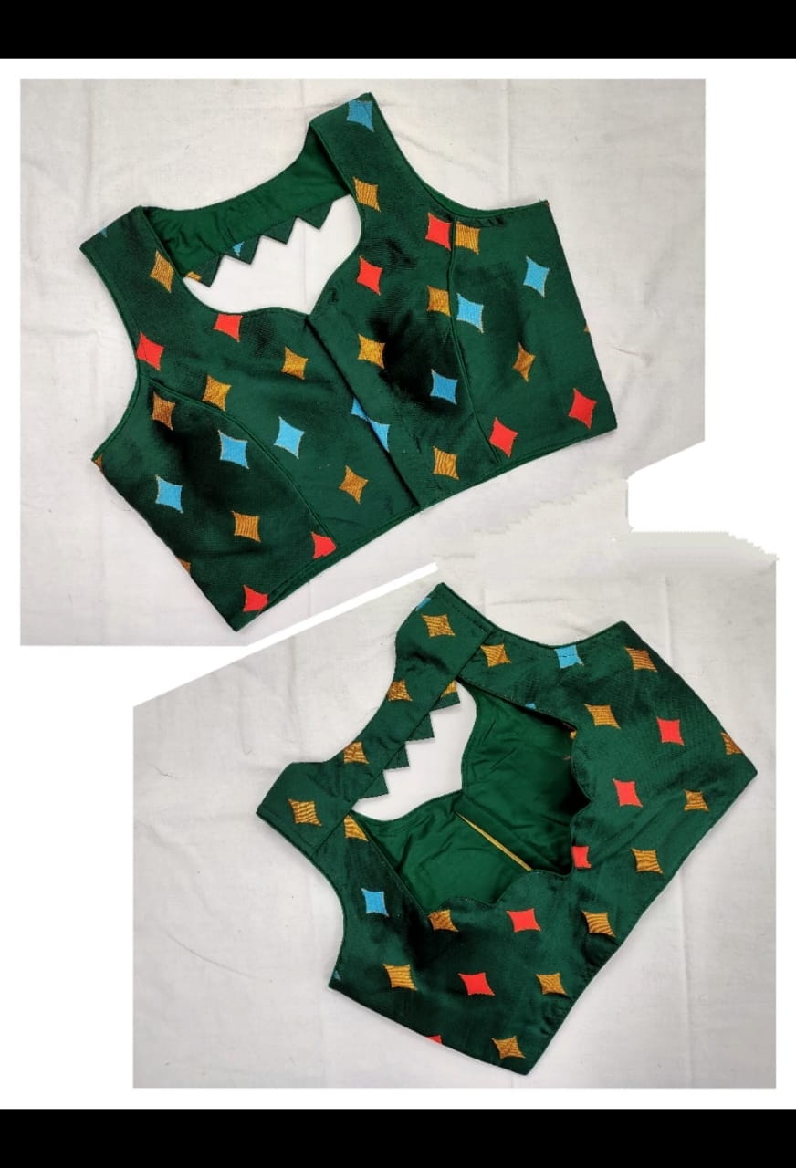 Pretty Bottle Green Meenakani Jacquard fancy Neck Readymade Blouse