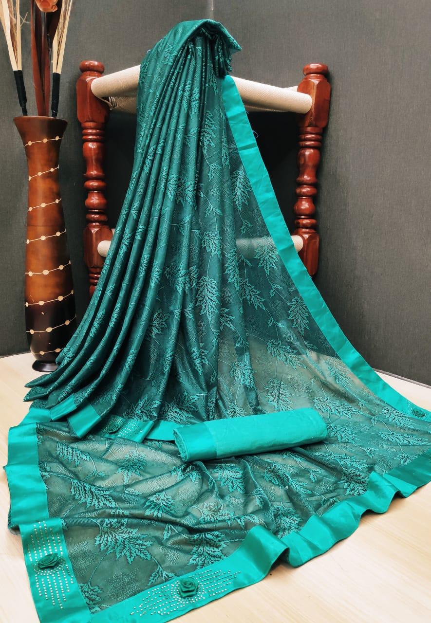 Imposing Firozi Lycra Jacquard Satin Patti Border fancy designer saree