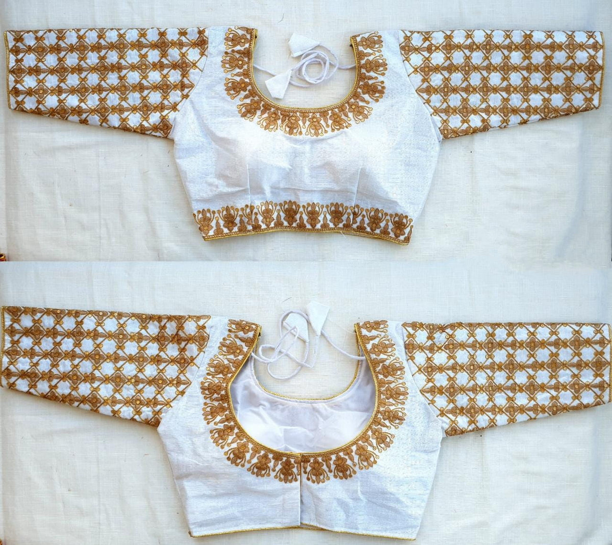 Radiant White Fentam Silk Thread Embroidered Work fancy Neck Readymade Blouse