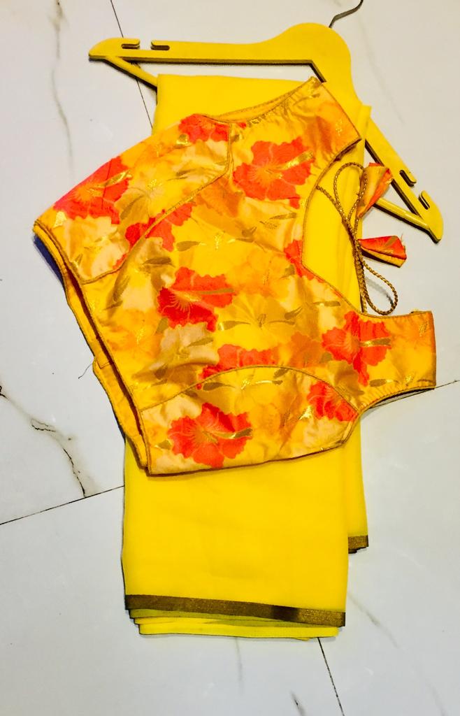 Magnificent Yellow Georgette Designer Saree With Silk Ready Made Blouse
