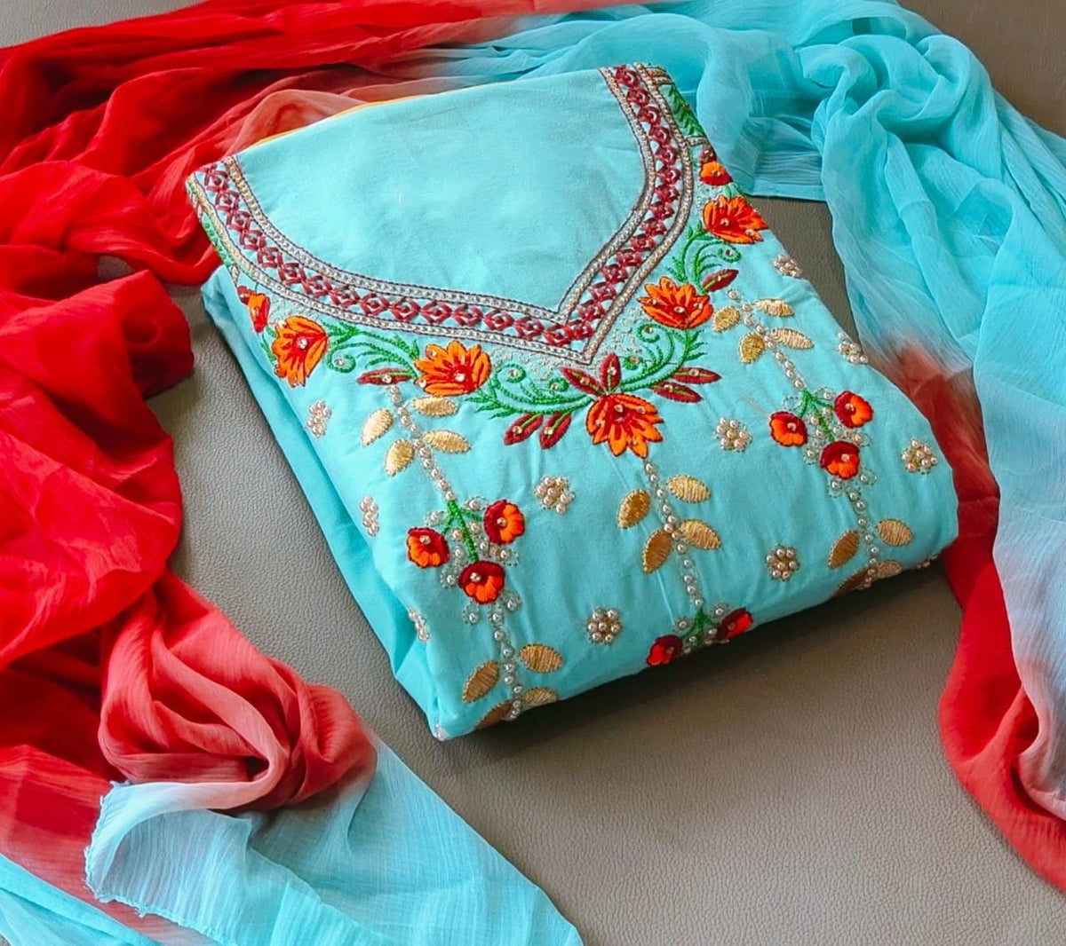 Extraordinary Sky Blue Cotton With Embroidered Work Salwar Suit