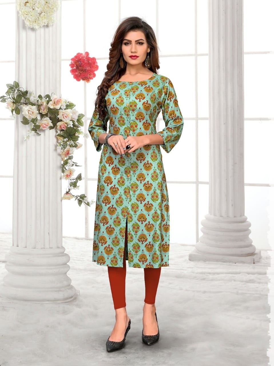 Tremendous Green Designer Cotton Printed Ready Made Long Kurti Design