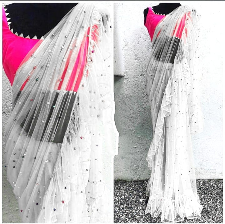 Amazeballs White Net Ruffle With Moti Multi Work Designer Saree