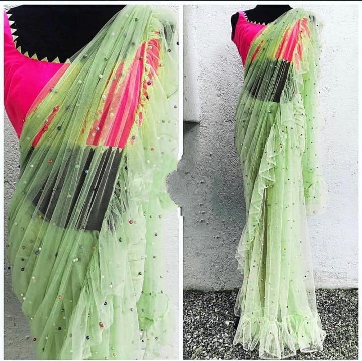 Bootylicious Pista Net Ruffle With Multi Moti Work Designer Saree