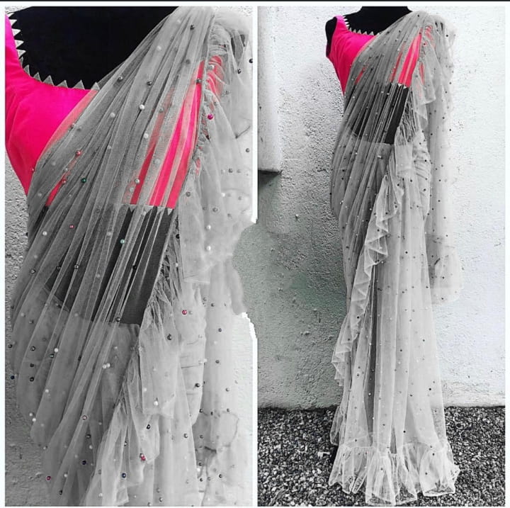 Beauteous Grey Net Ruffle With Multi Moti Work Designer Saree