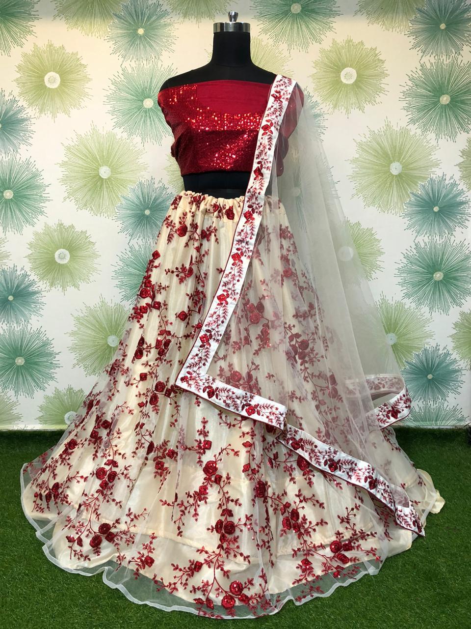 Amazeballs Maroon Net With Embroidered Sequence Work Online Lehenga Choli Design