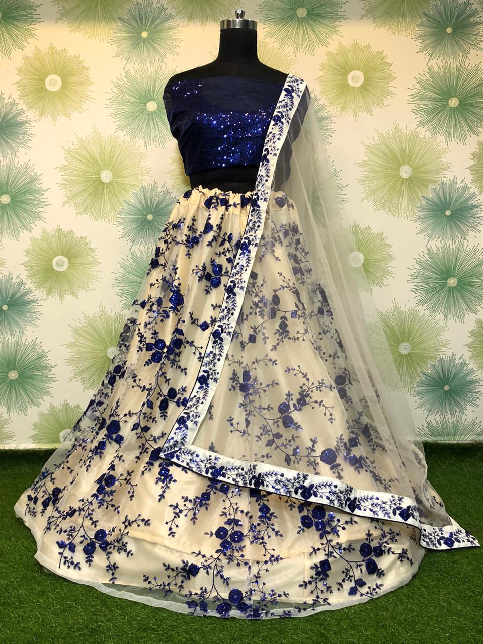 Knockout Navy Blue Net With Sequence Embroidered Work Online Lehenga Choli Design