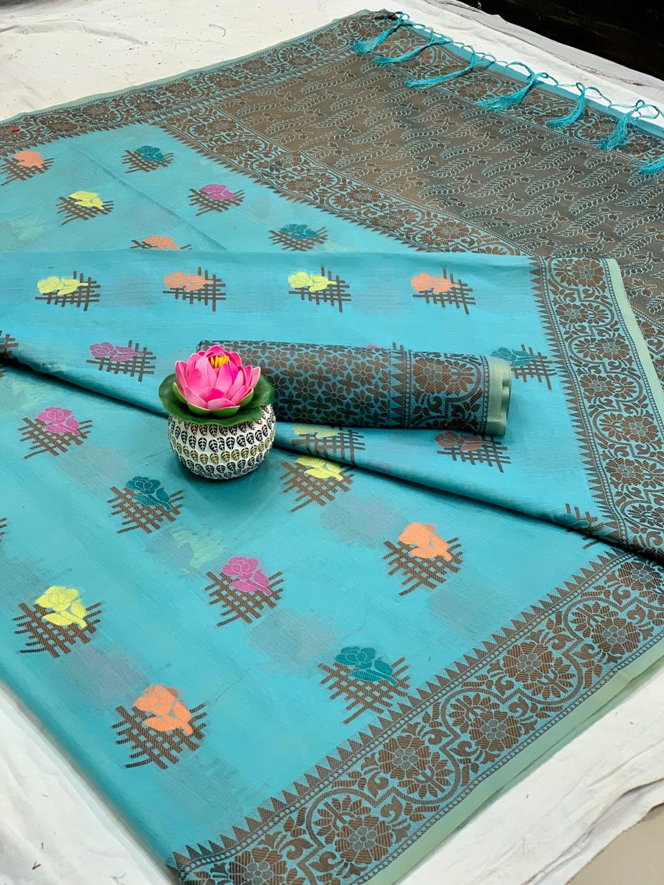 Gorgeous Sky Blue Cotton With All Over Weaving Designer Saree