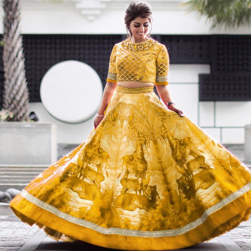 Astonishing Mustard Satin Silk Digital Embroidered Work Online Lehenga Choli Design