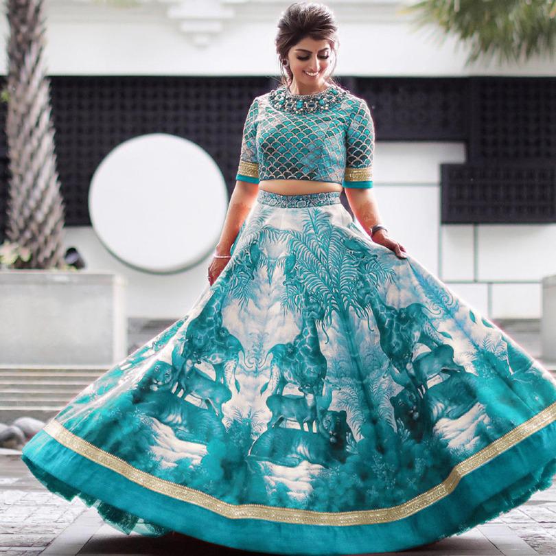 Imposing Firozi Satin Silk With Digital Embroidered Work Online Lehenga Choli Design