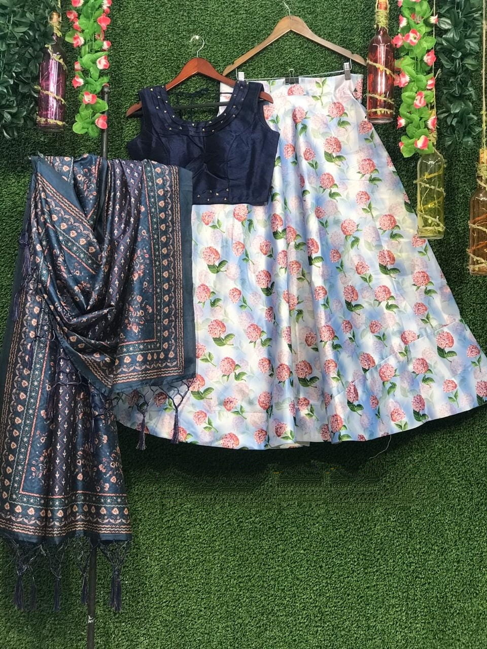 Navy Blue Silk With Printed Crop Top Lehenga Choli for Women Online