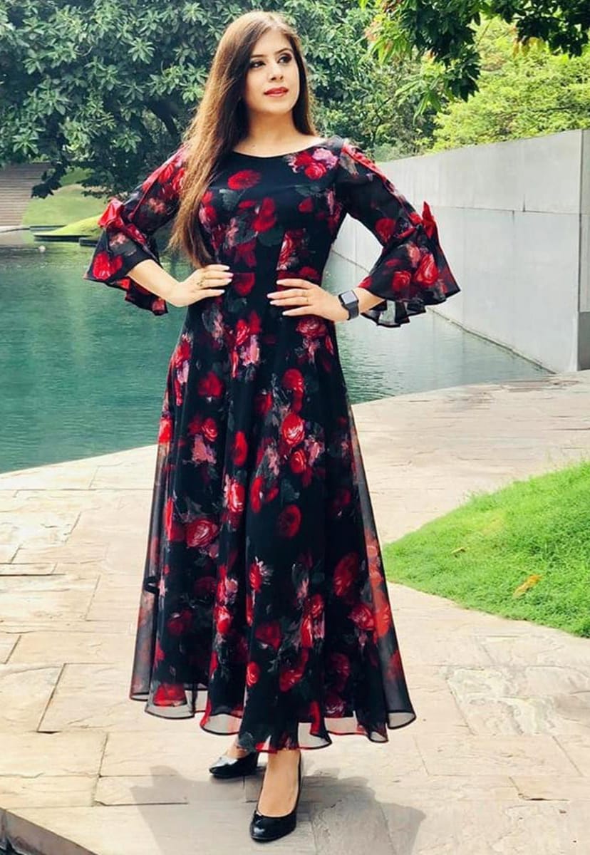 Floral Printed Georgette One Piece Gown Dress For Women – Ville