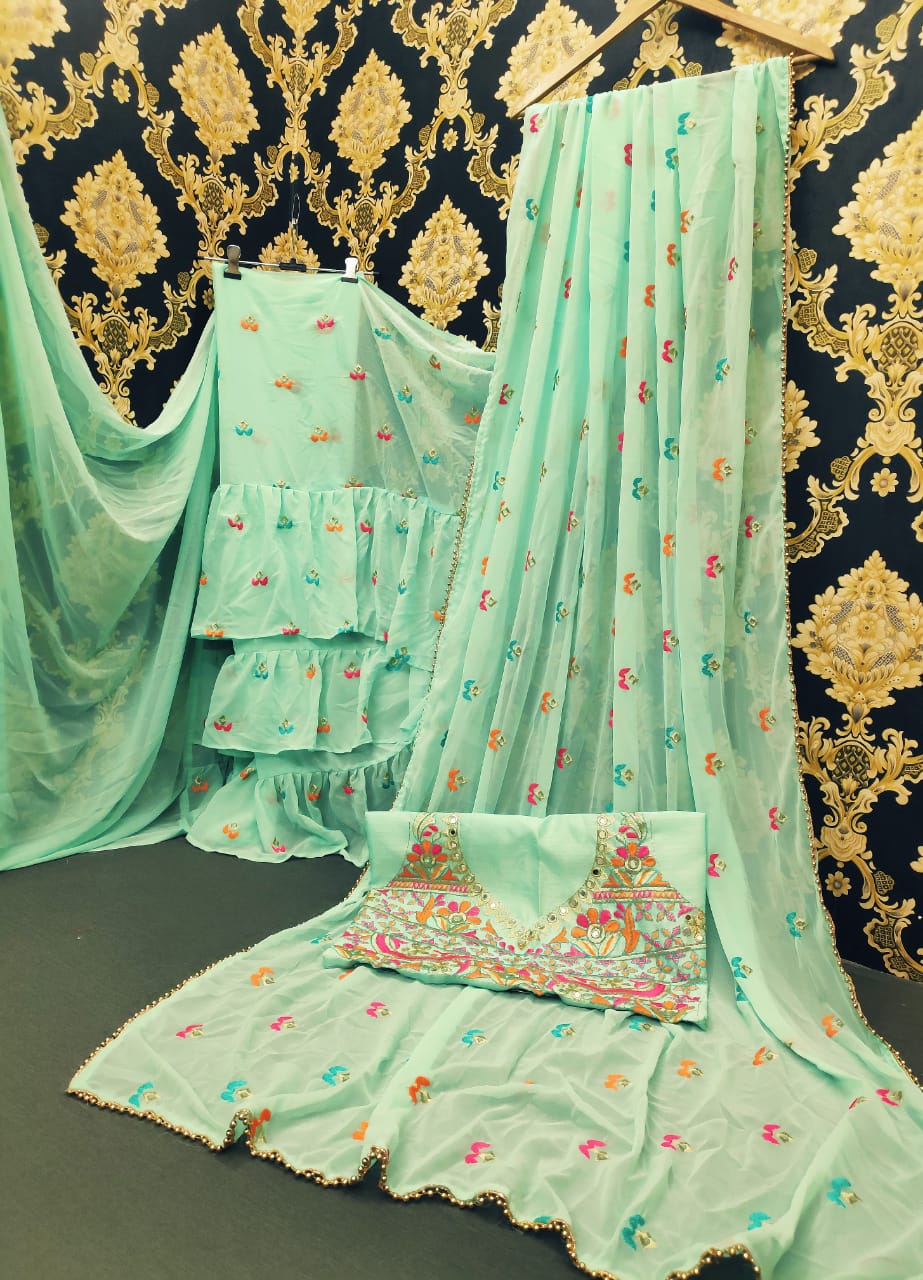 Mind-Blowing Aqua Color Ruffle Georgette Embroidered Pearl Work Saree Blouse