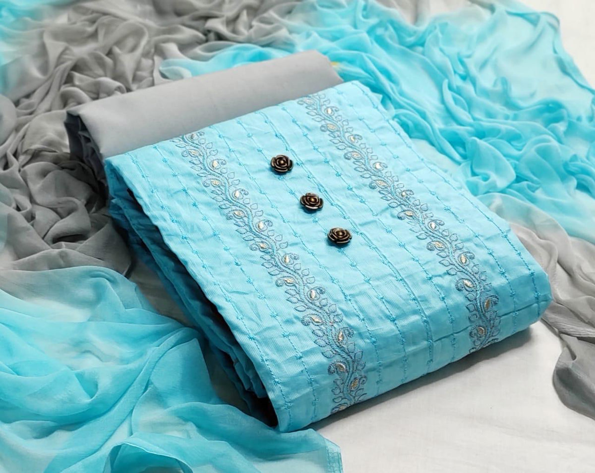 Magnificent Sky Blue Color Cotton Embroidered Work Party Wear Salwar Suit