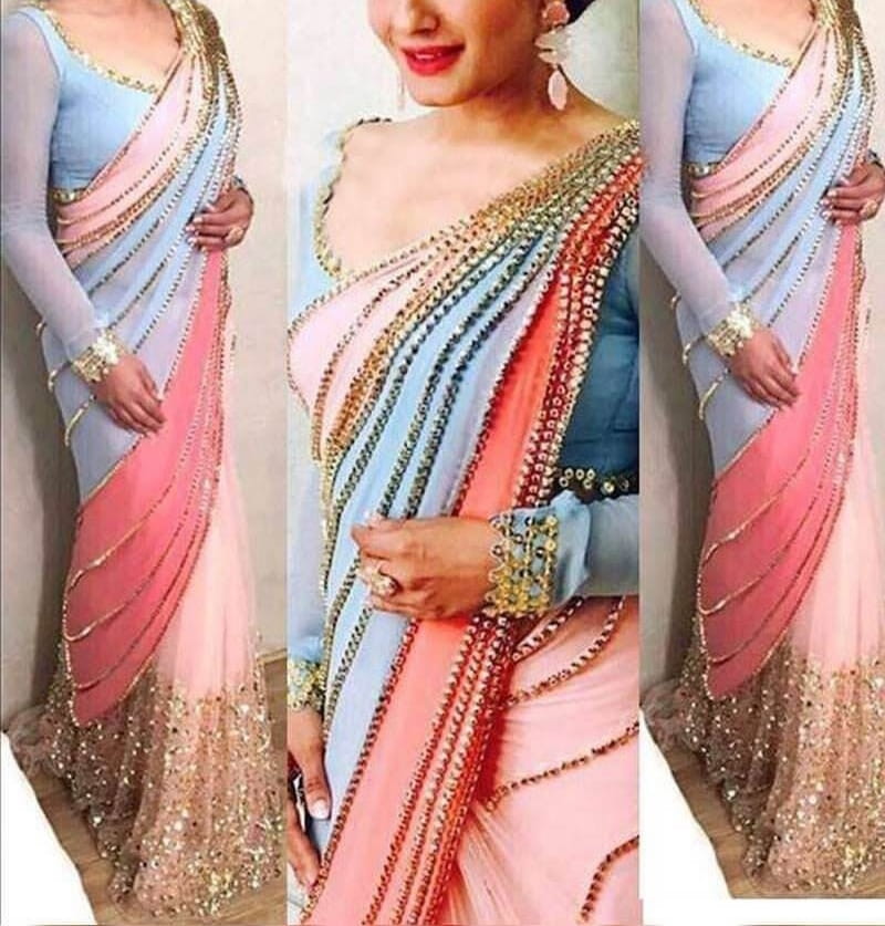 Amazeballs Sky Blue Color Designer Georgette Sequence Embroidered Work Saree Blouse