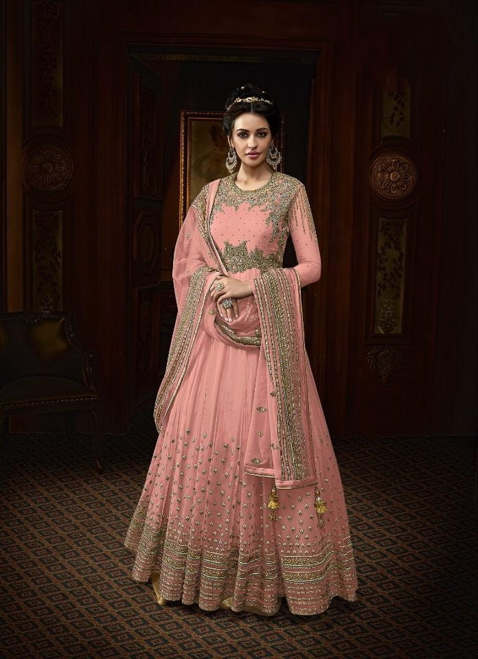 Magnificent Peach Color Designer Butterfly Net Thread Viscous Work Salwar Suit