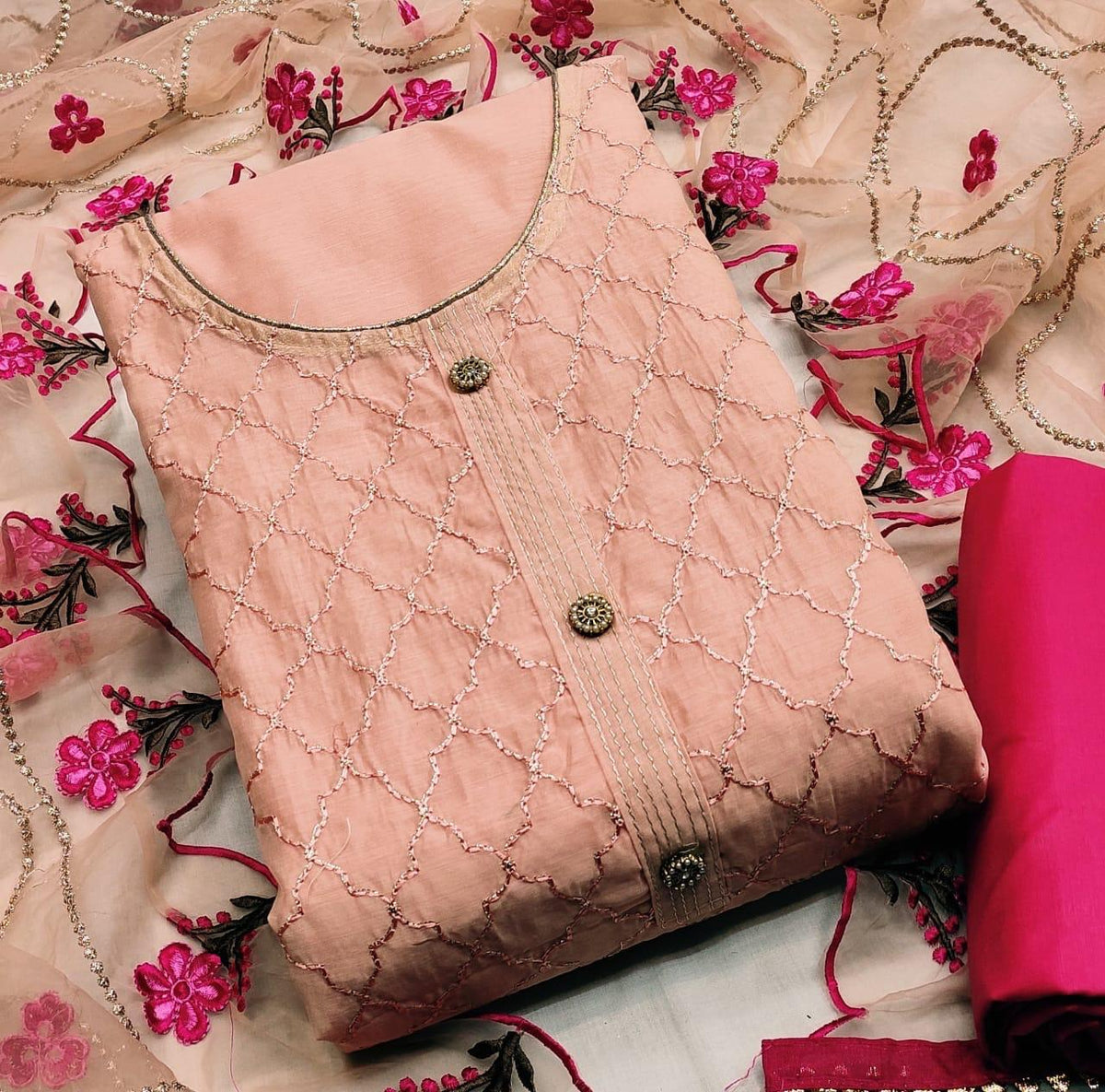 Charming Peach Color Modal Chanderi Embroidered Work Function Wear Salwar Suit