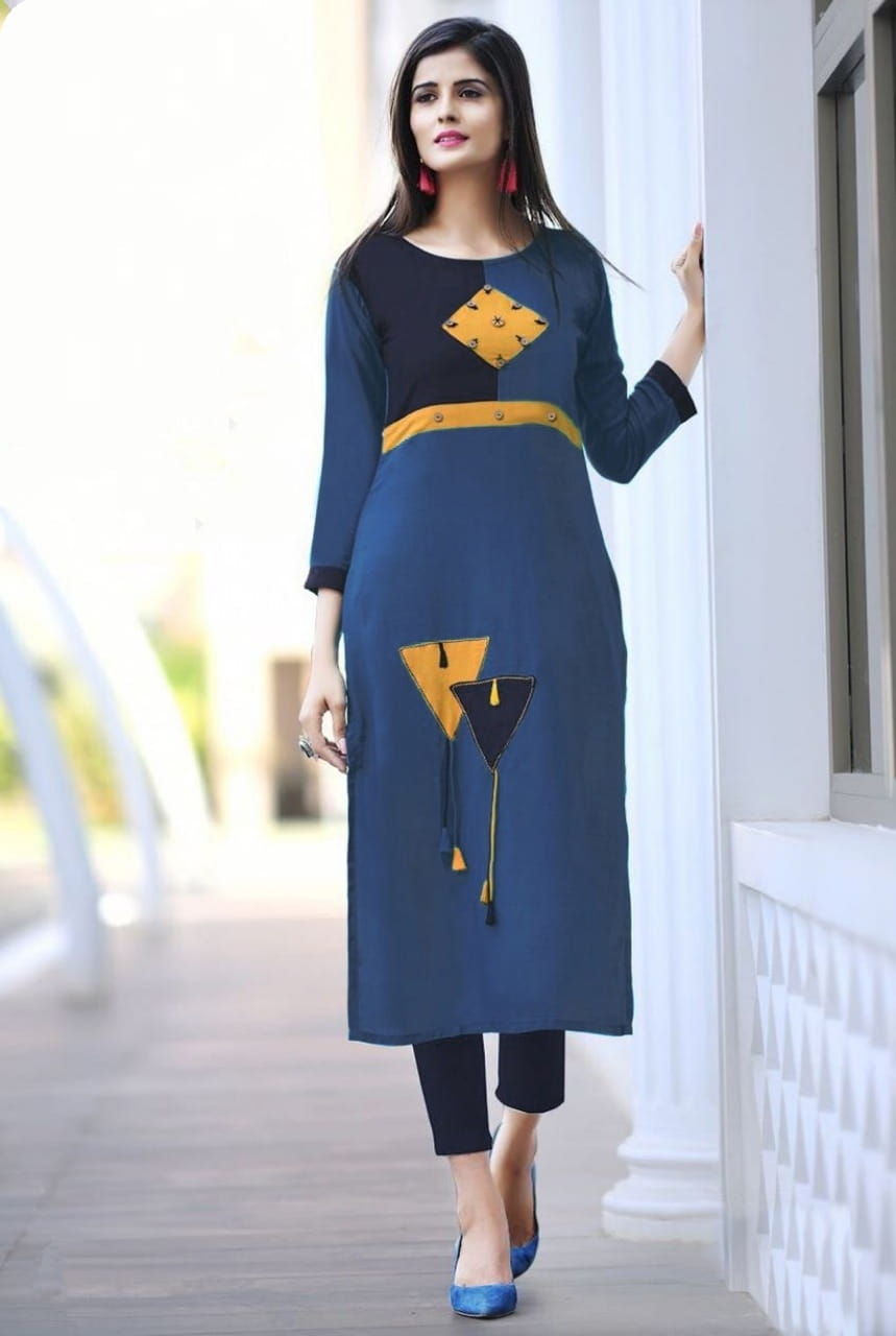 Bewitching Navy Blue Color Cotton Designer Kurti