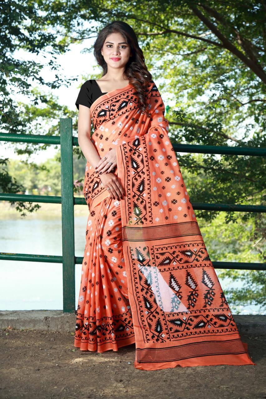 Knockout Redorange Color Pure Cotton Block Printed Saree Blouse