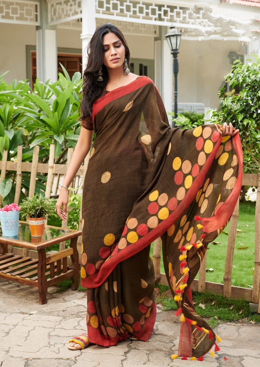 Syrup Color Party Wear Cotton Linen Pom Pom Pallu Saree Blouse