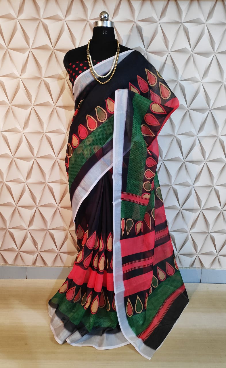 Black Color Linen Cotton All Over Butti Weaves Pallu Saree Blouse