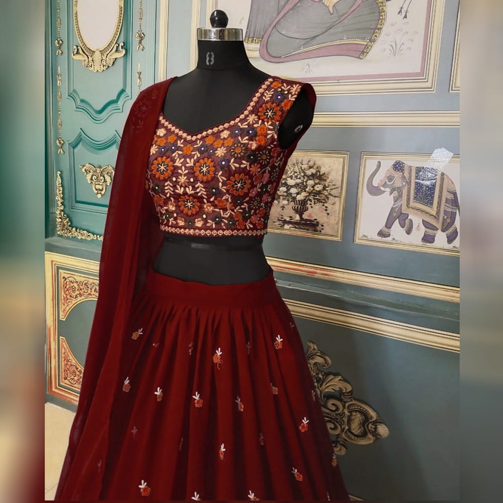 Stunning Maroon Color Net Ruffle Georgette Thread Embroidered Work Designer Lehenga Choli For Wedding Wear