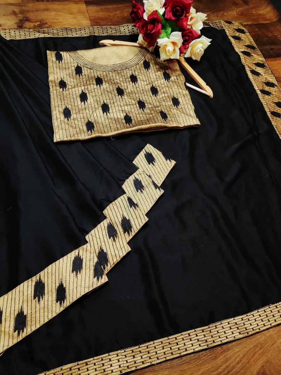 Black Colored Party Wear Silk Embroidered Saree With Blouse For Women