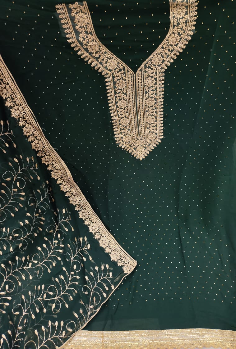 Breath taking Dark Green Color Fancy Georgette Diamond Multi Work Party Wear Salwar Suit