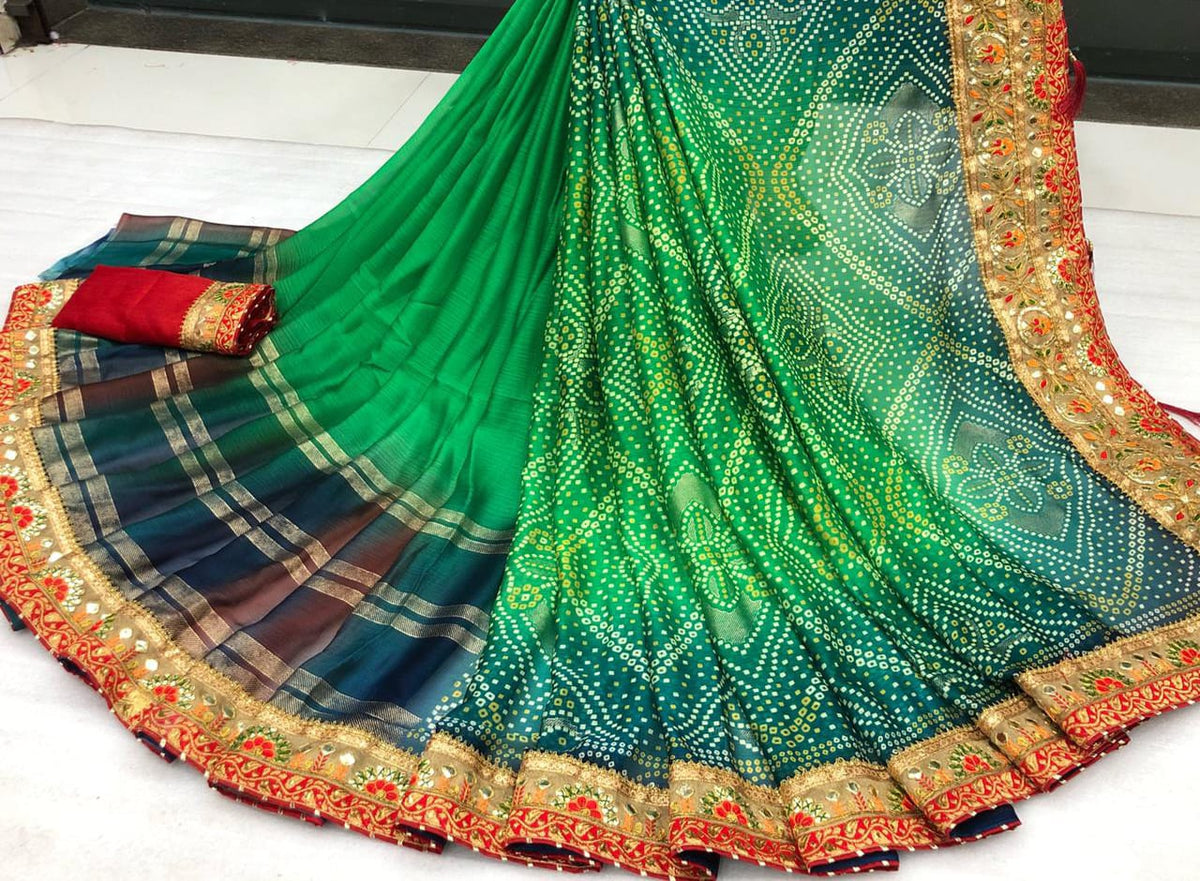 Staggering Festive Wear Moss Chiffon Designer Bandhani Gotta Patti Banarasi Weaving Border Work Saree Blouse