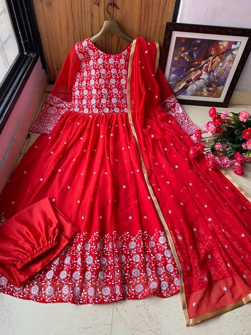 Gleaming Red Color Full Stitched Georgette Designer Embroidered Work Wedding Wear