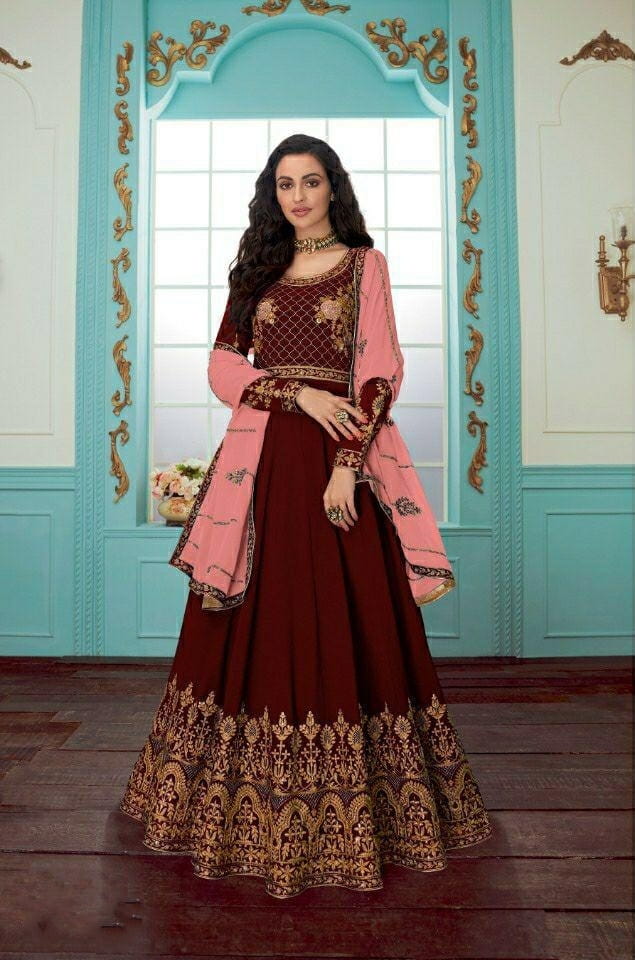 Dazzling Maroon Color Function Wear Faux Georgette Chain Stitch Stone Work Salwar Suit