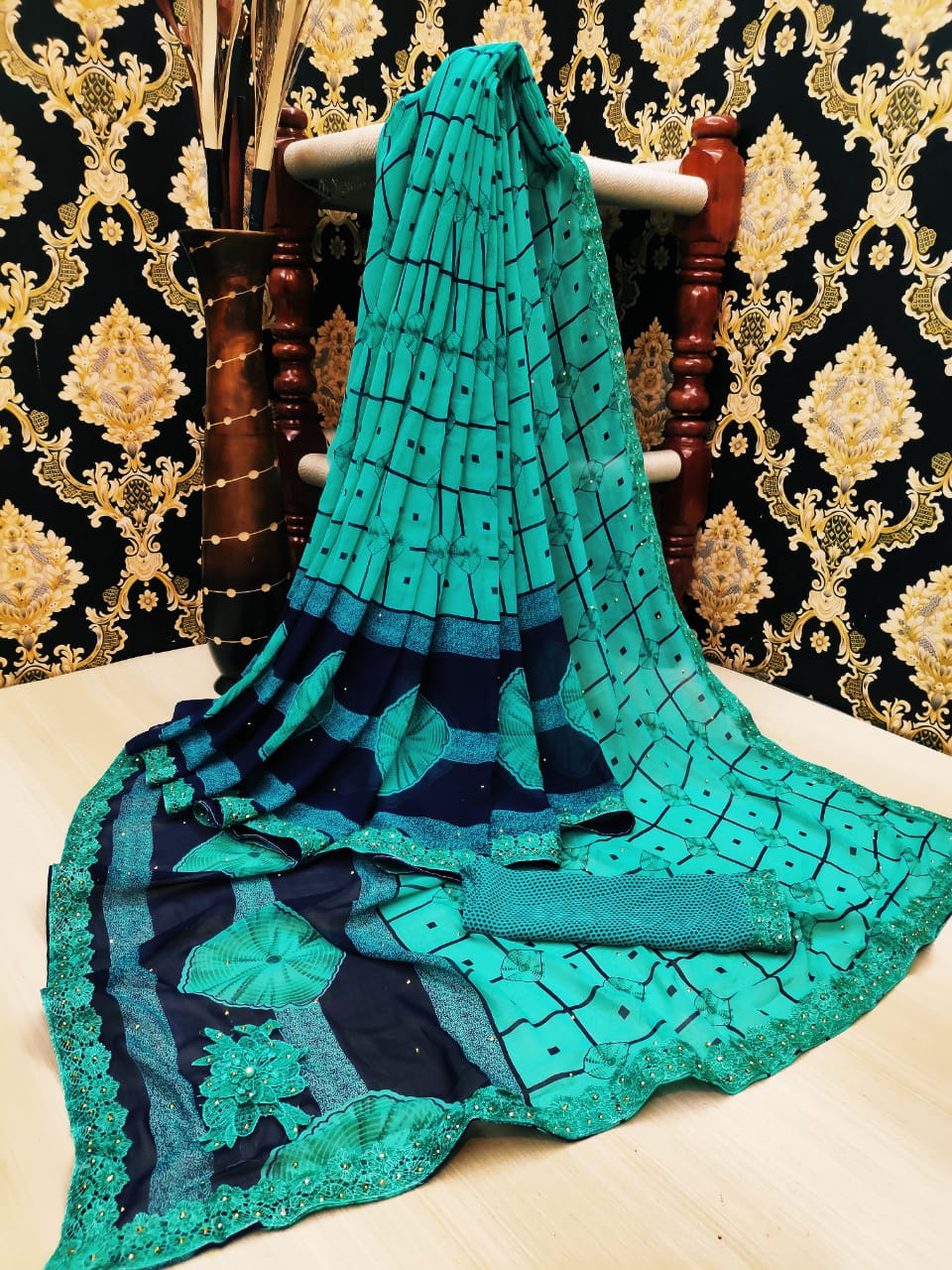Flattering Firozi Color Party Wear Soft Silk Weightless Printed Designer Saree Blouse