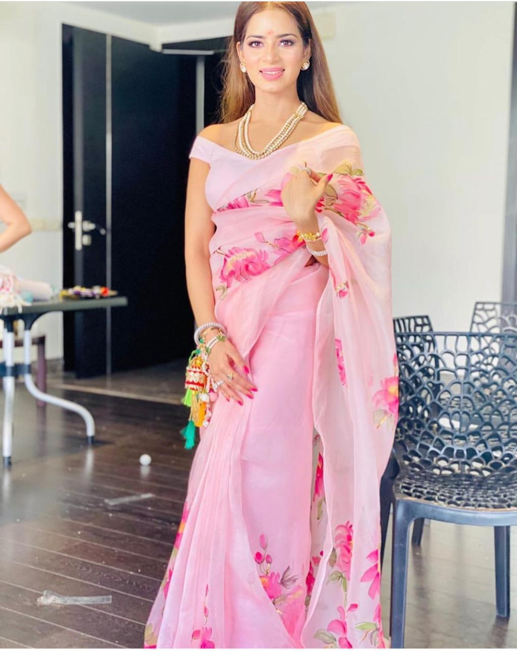 Graceful Light Pink Color Festive Wear Digital Printed Designer Organza Saree Blouse For Women