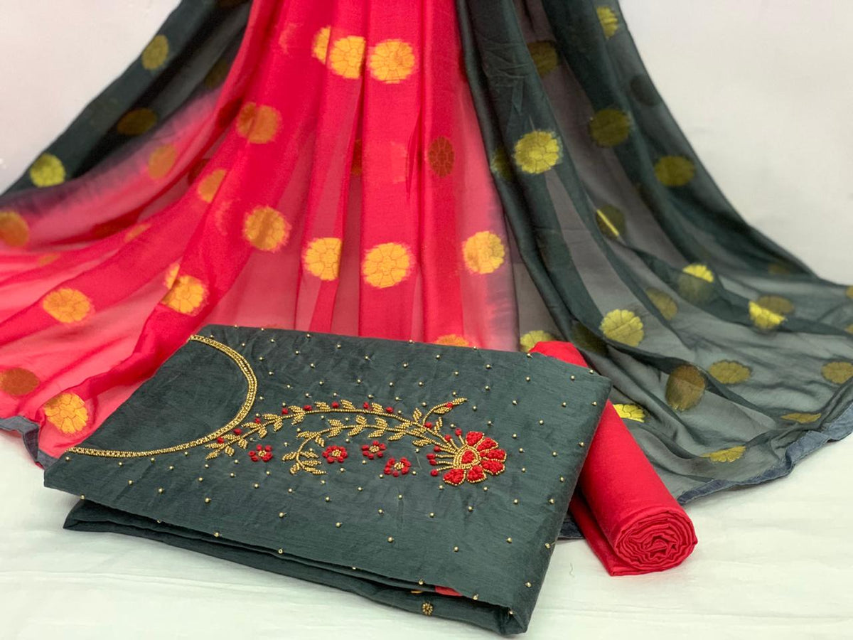 Gorgeous Grey Color Function Wear Chanderi Modal Cotton Fancy Khatli Hand Work Salwar Suit