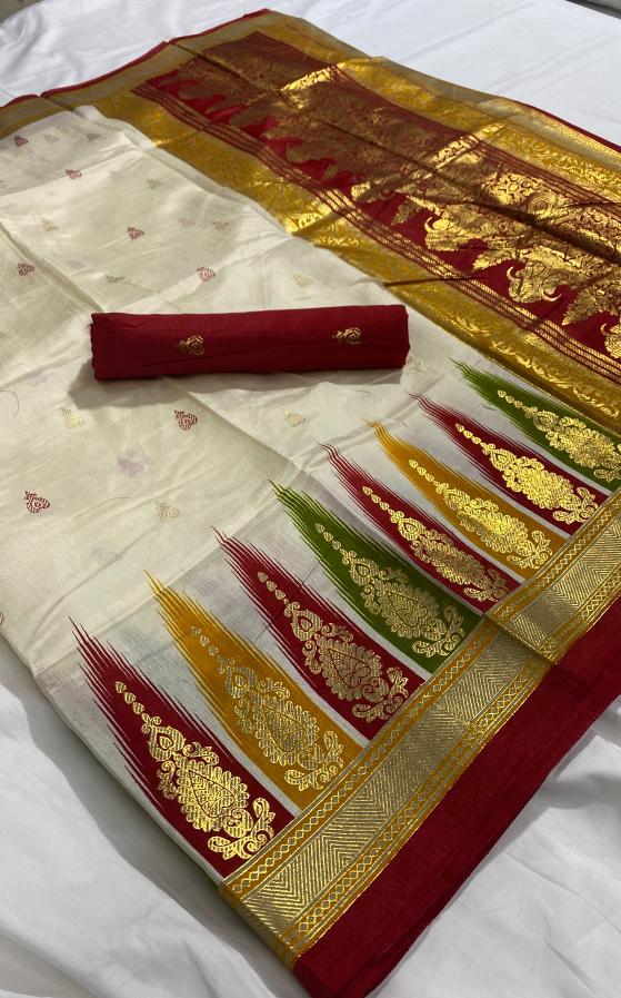 Party Wear Off White Color Beautiful Fol Printed Rich Pallu Jacquard Border Soft Silk Saree Blouse For Ladies