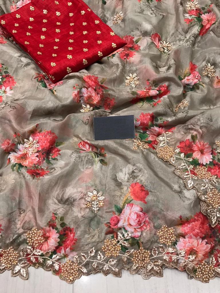 Hypnotic Silver Grey Color Beautiful Organza Designer Embroidered Work Digital Printed Festive Wear Saree Blouse